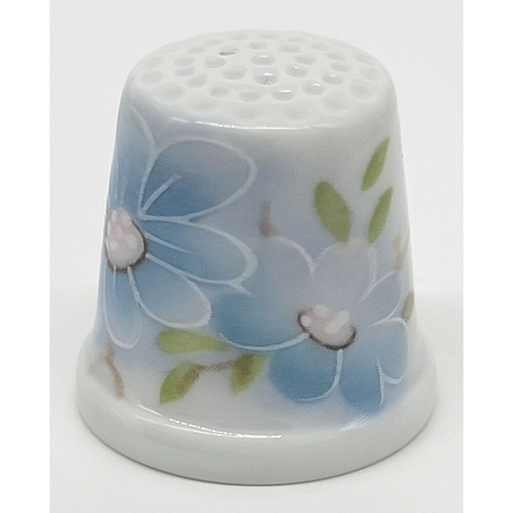 Herrandiz Spain Porcelain Thimble Blue Floral Flower Design Vintage Collectible